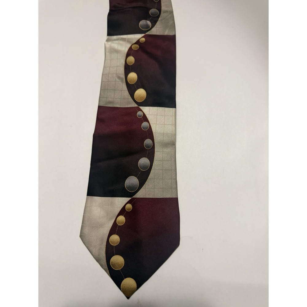 Giorgio Brutini Silk Tie Burgundy Black Silver Gold Geometric Circles Abstract